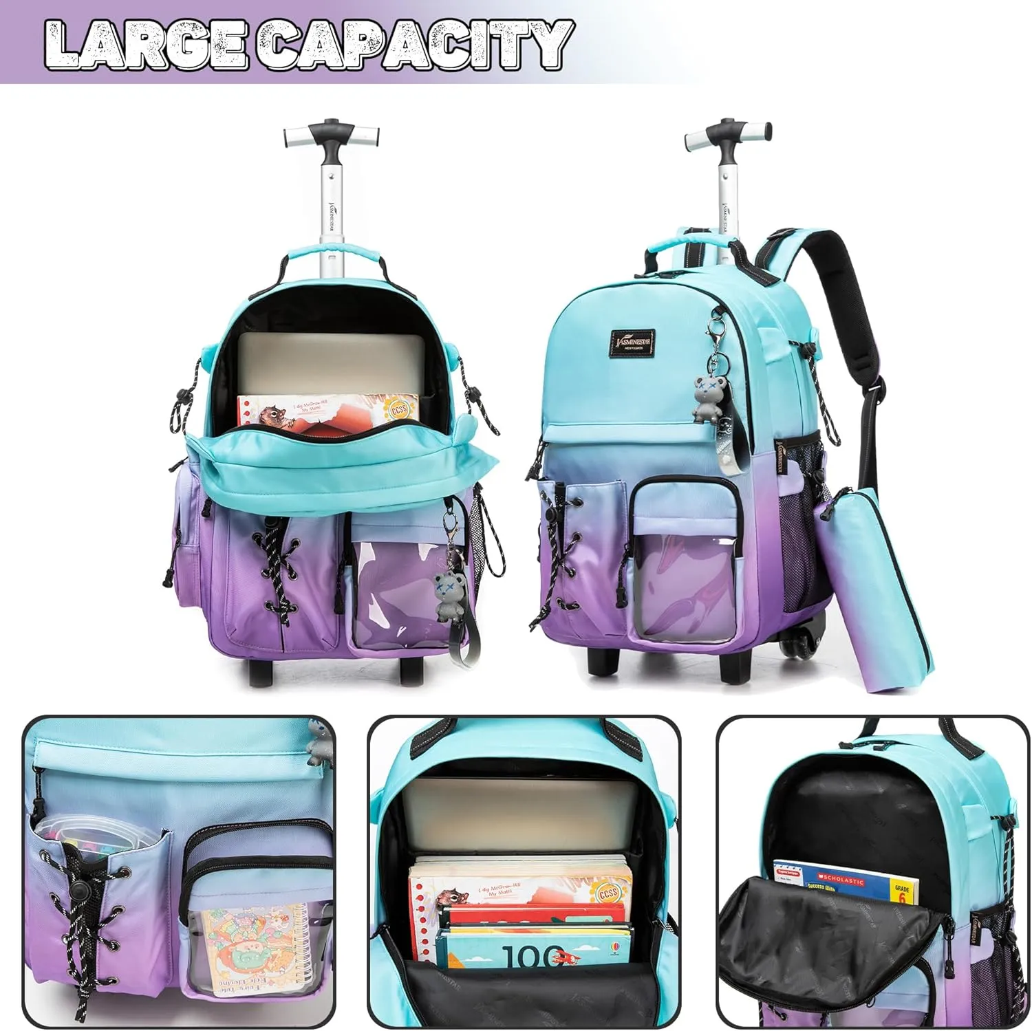 Rolling Backpack for Girls Backpack with Wheels for Teens Boys Kids Rolling Backpack for Travel School Backpack with Wheels for Teens with Lunch Box, Gradient Green Purple