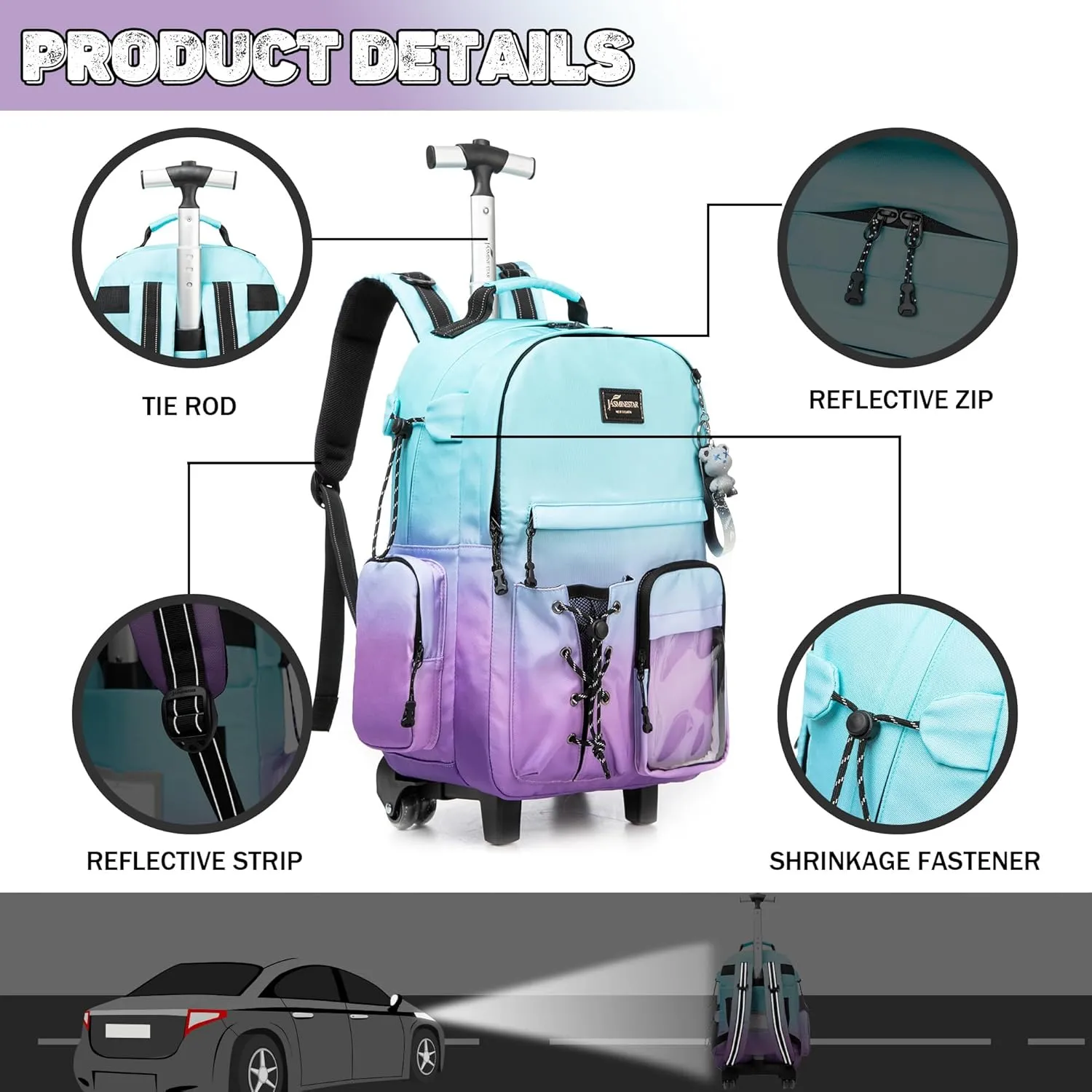 Rolling Backpack for Girls Backpack with Wheels for Teens Boys Kids Rolling Backpack for Travel School Backpack with Wheels for Teens with Lunch Box, Gradient Green Purple