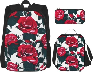 Rose Flower Floral Picture Print 3 In 1 Backpack Set With Lunch Bag And Pencil Case,Suitable Work,Picnic,Travel