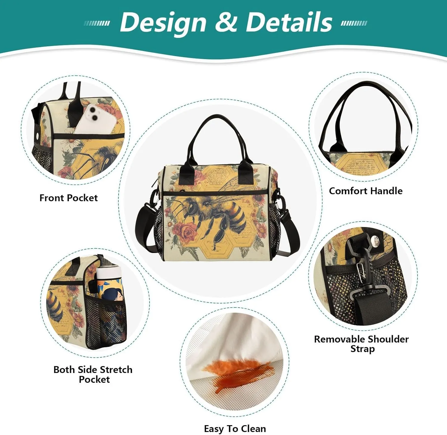 Rose Honeybee Beige Lunch Bag for Women Insulated Lunchbox with Adjustable Shoulder Strap for Hiking Picnic M