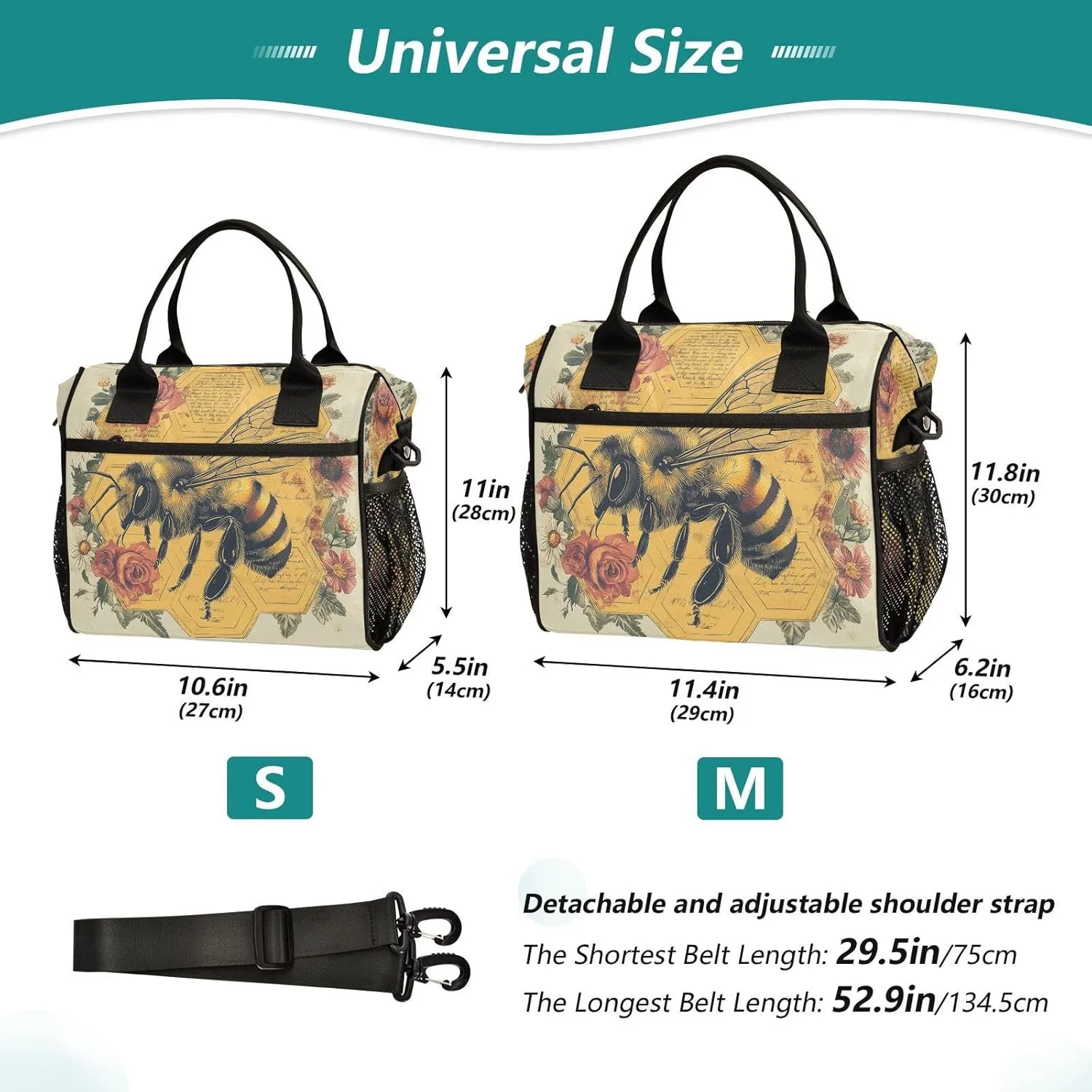 Rose Honeybee Beige Lunch Bag for Women Insulated Lunchbox with Adjustable Shoulder Strap for Hiking Picnic M