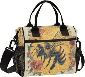 Rose Honeybee Beige Lunch Bag for Women Insulated Lunchbox with Adjustable Shoulder Strap for Hiking Picnic M
