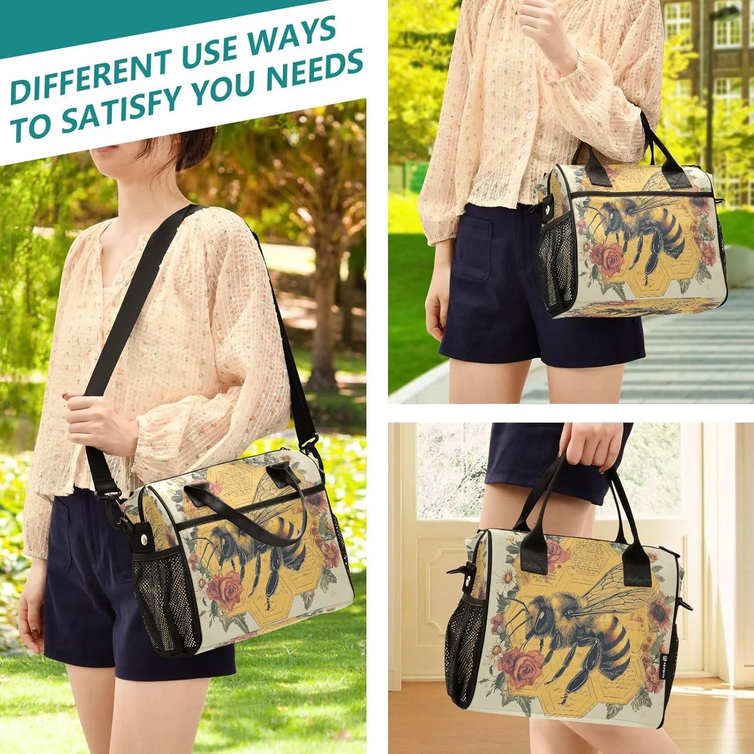Rose Honeybee Beige Lunch Bag for Women Insulated Lunchbox with Adjustable Shoulder Strap for Hiking Picnic M