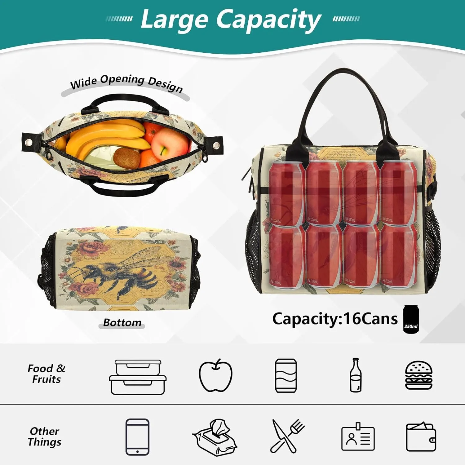 Rose Honeybee Beige Lunch Bag for Women Insulated Lunchbox with Adjustable Shoulder Strap for Hiking Picnic M