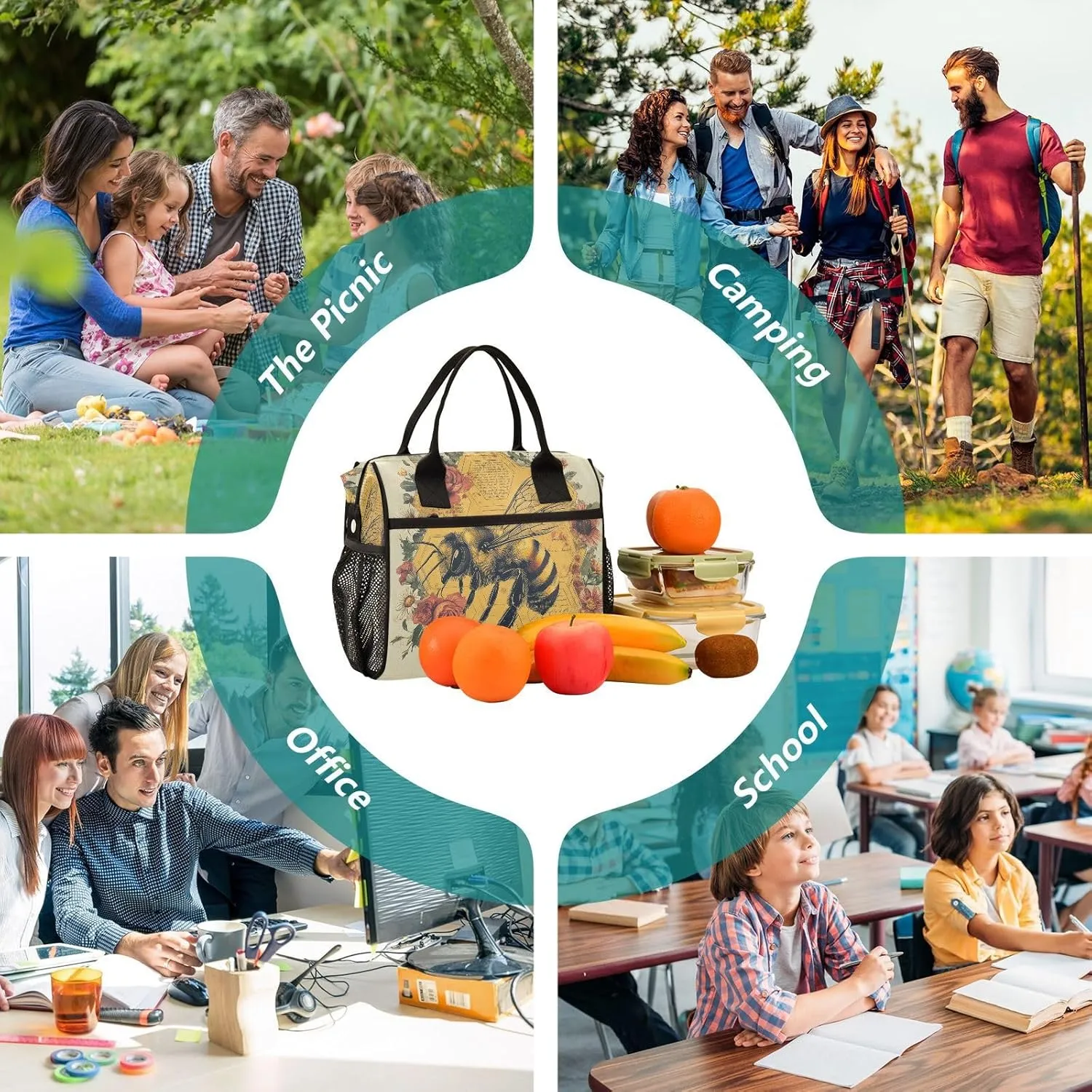 Rose Honeybee Beige Lunch Bag for Women Insulated Lunchbox with Adjustable Shoulder Strap for Hiking Picnic M