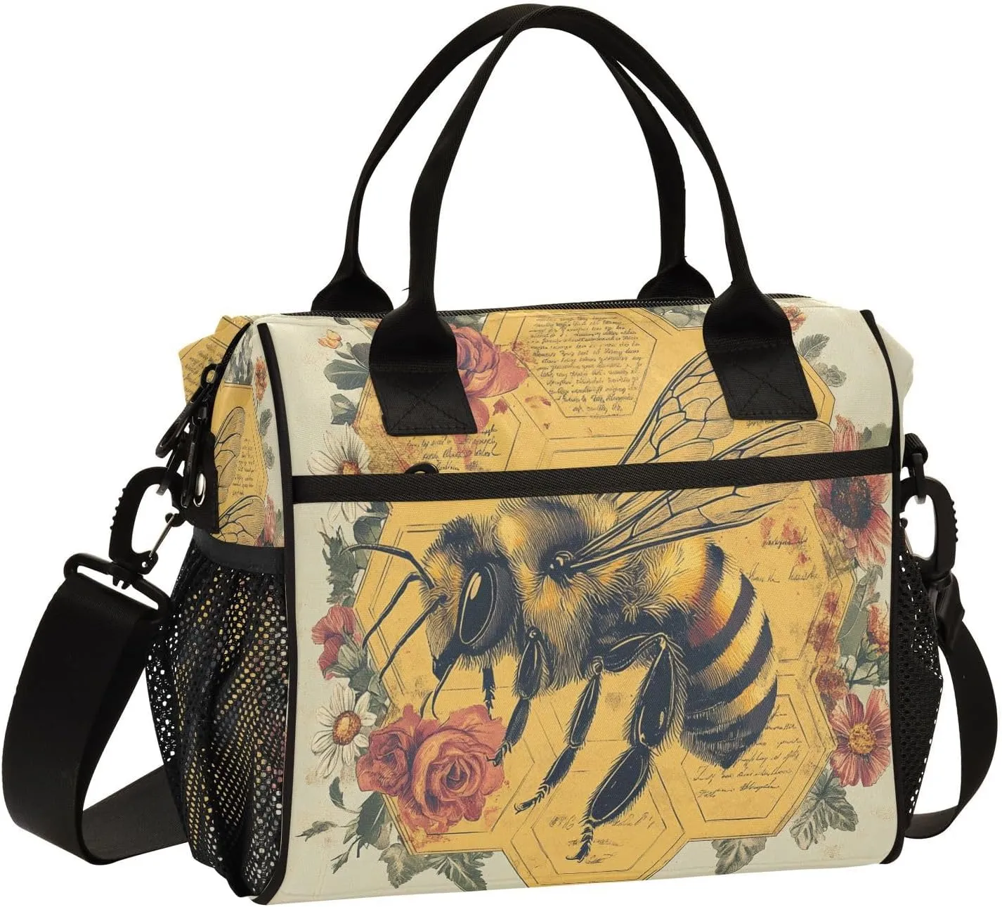 Rose Honeybee Beige Lunch Bag for Women Insulated Lunchbox with Adjustable Shoulder Strap for Hiking Picnic M
