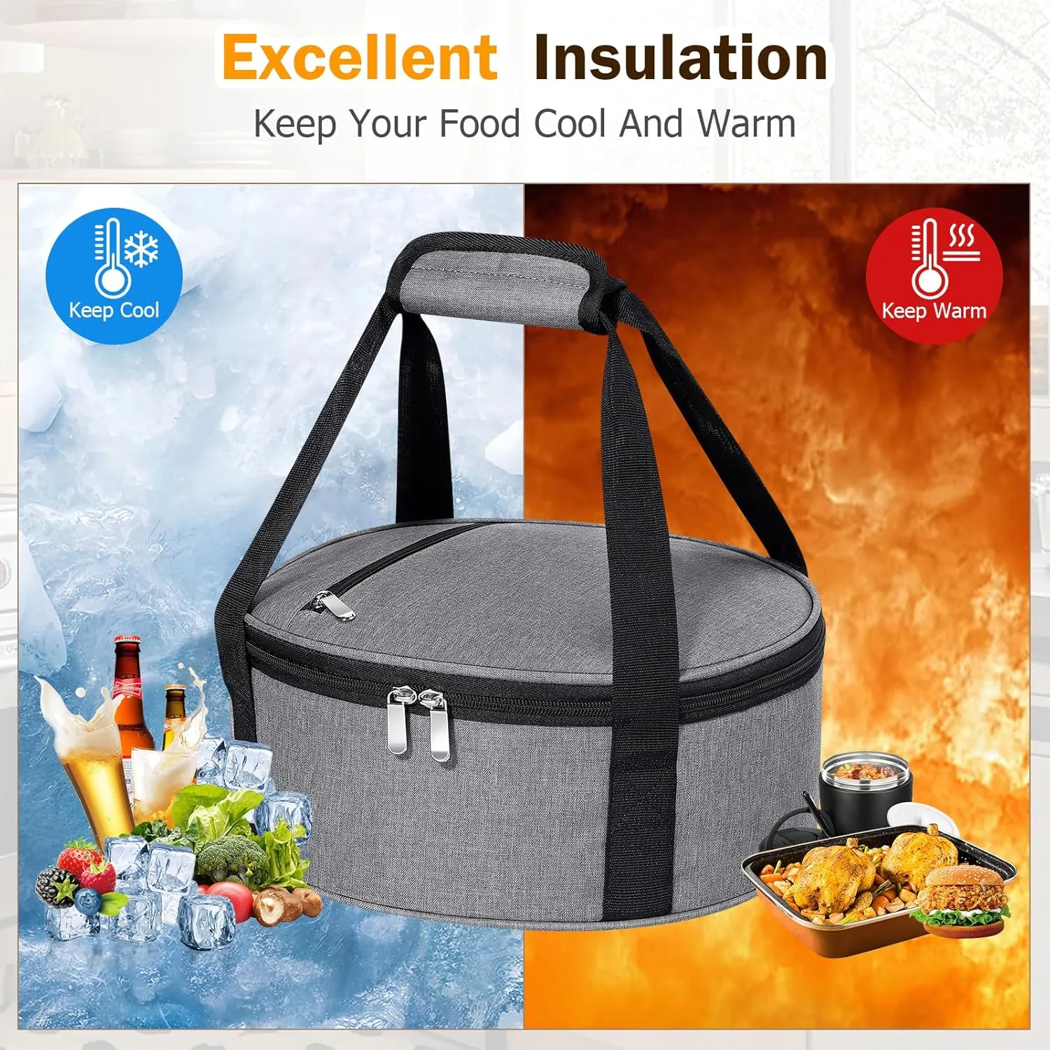 Round Insulated Casserole Carrier, Pie Carrier Bag, Portable Casserole Carrier for Hot or Cold Food Lunch Tote, Lunch Bag for Parties Picnic, Fits 12.5" Baking Dish, Grey