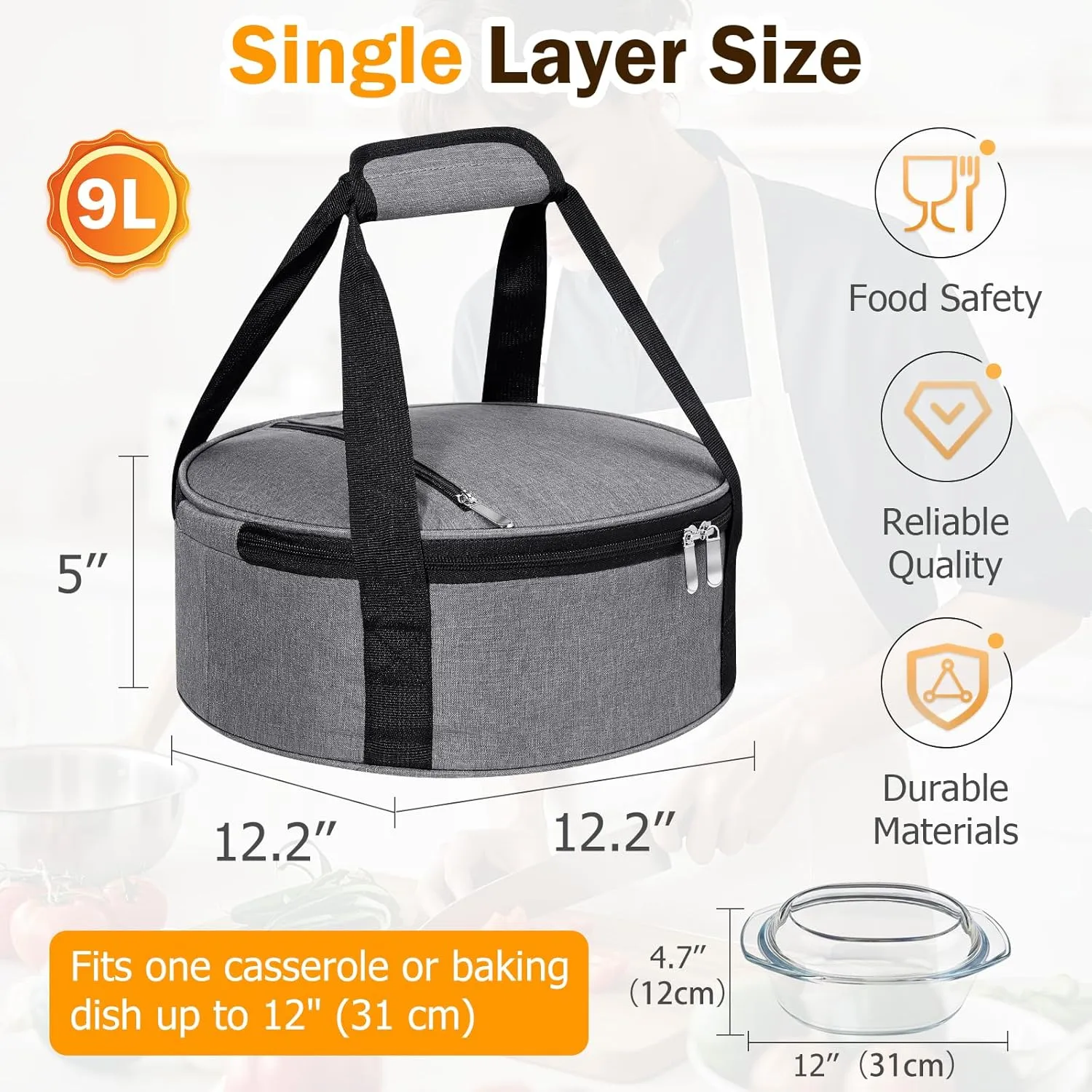 Round Insulated Casserole Carrier, Pie Carrier Bag, Portable Casserole Carrier for Hot or Cold Food Lunch Tote, Lunch Bag for Parties Picnic, Fits 12.5" Baking Dish, Grey