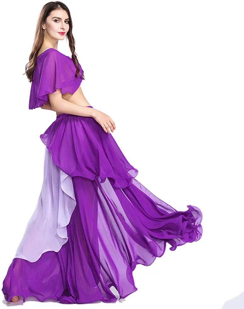 ROYAL SMEELA Belly Dance Costume Set for Women Chiffon Belly Dancing Tops and Skirt Hit-Color Dancing Skirts Dress, One Size