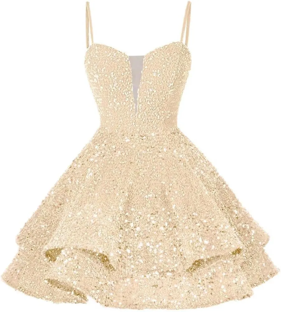 RSOETOO Sequin Short Homecoming Dress for Teen Sparkly Prom Dresses Sweet 16 Photo Shoot Cocktail Gowns RO058