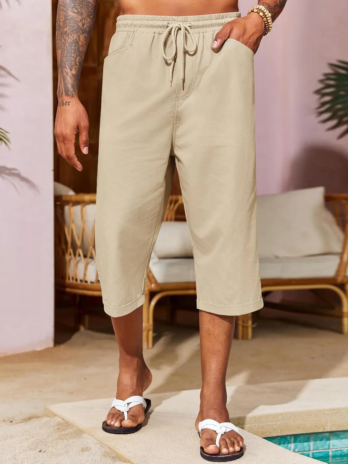 Runcati Mens Harem Capri Pants Casual Elastic Waist Cotton 3/4 Shorts Summer Beach Yoga Tapered Trousers