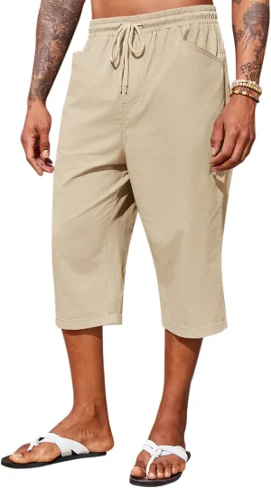 Runcati Mens Harem Capri Pants Casual Elastic Waist Cotton 3/4 Shorts Summer Beach Yoga Tapered Trousers