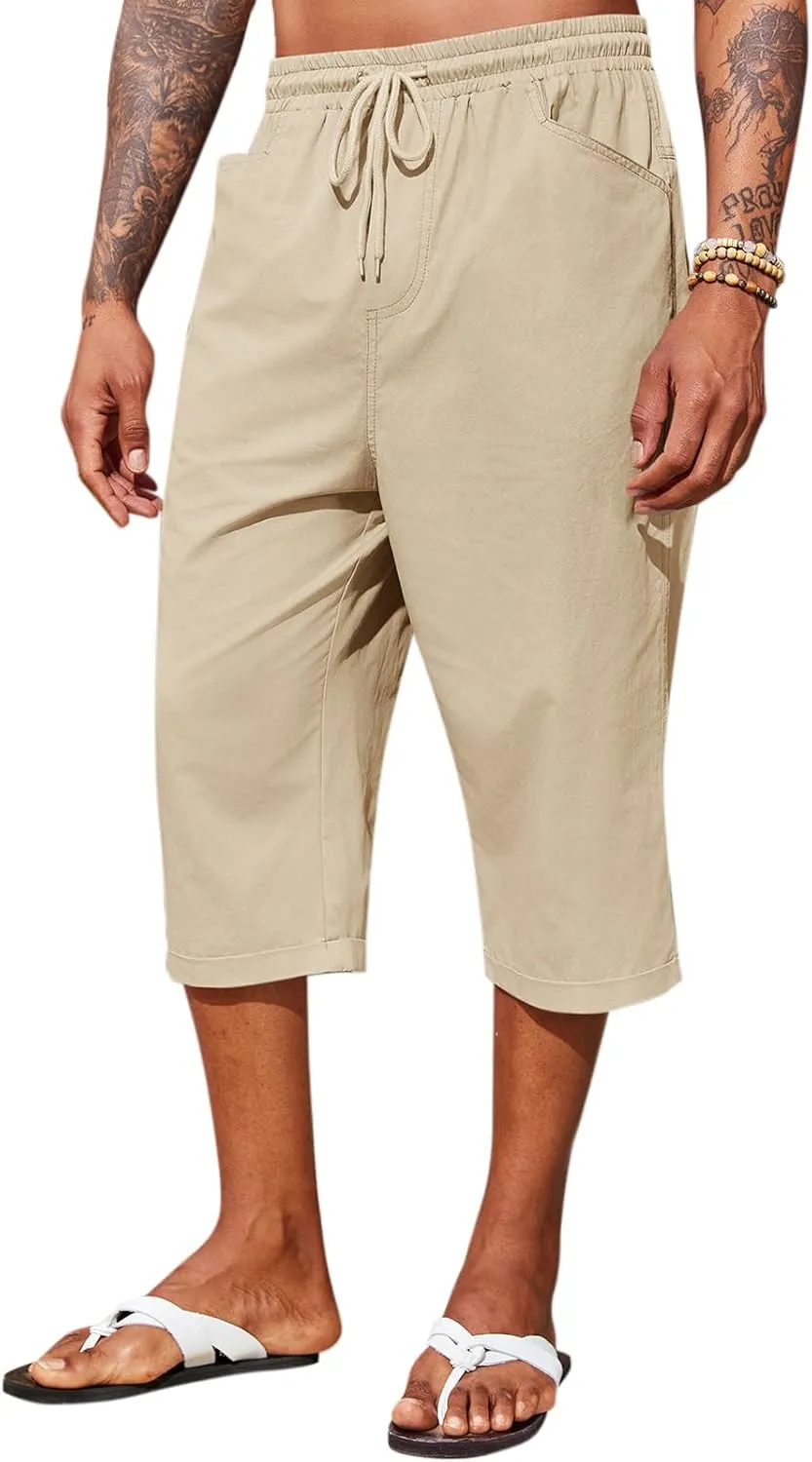 Runcati Mens Harem Capri Pants Casual Elastic Waist Cotton 3/4 Shorts Summer Beach Yoga Tapered Trousers