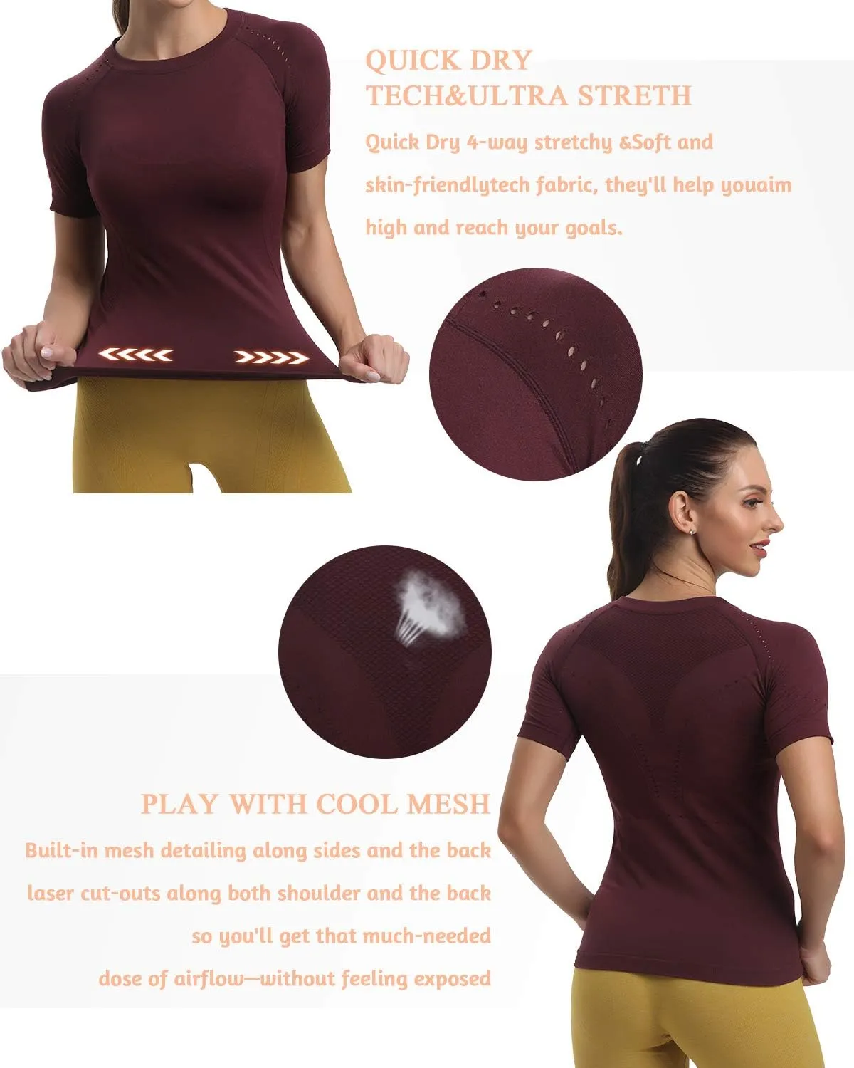 RUNNING GIRL Seamless Workout Shirts for Women，Short Sleeve T-Shirt Stretch Tees Quick Dry Gym Athletic Tops