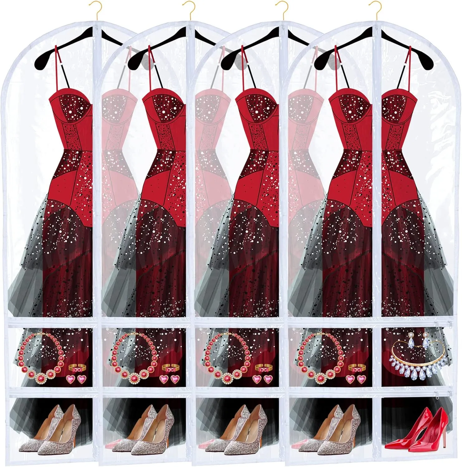 Sanwuta 4 Pcs Clear Large Dance Garment Bags for Dancers Costume Long Garment Bag with 4 Zipper Pockets for Competitions(22.8 x 65 Inch,Clear)