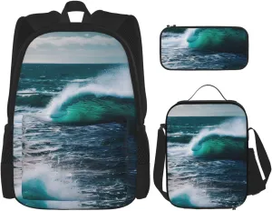 Scenic Sea Water Print 3 In 1 Backpack Set With Lunch Bag And Pencil Case,Suitable Work,Picnic,Travel