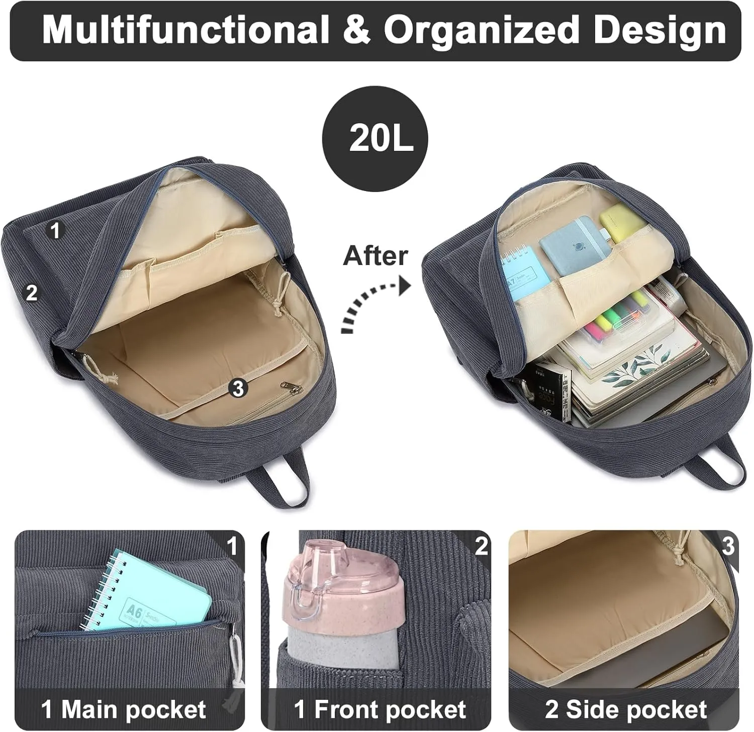 School Backpack for Teens Large Corduroy Bookbag Lightweight 17 inch Laptop Bag for Girls Boys Casual High School College