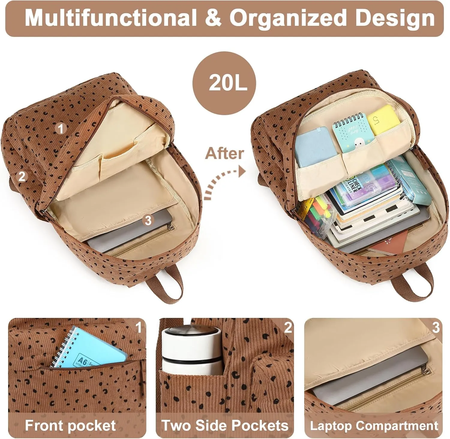 School Backpack for Teens Large Corduroy Bookbag Lightweight 17 inch Laptop Bag for Girls Women Casual High School College