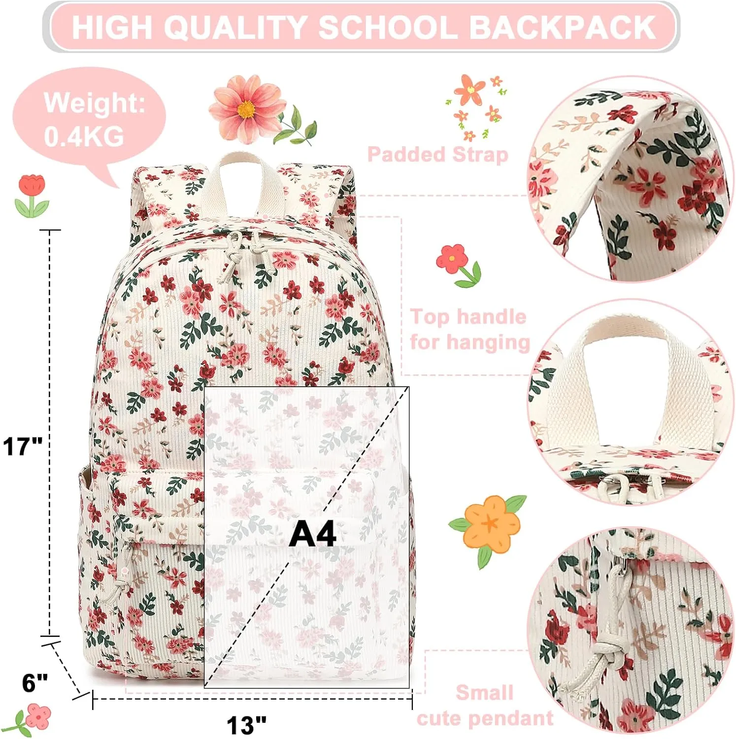 School Backpack for Teens Large Corduroy Bookbag Lightweight Girls Boys Casual High School College 17 inch Laptop Travel Bag