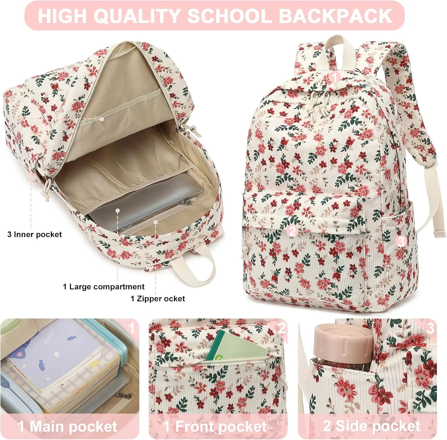 School Backpack for Teens Large Corduroy Bookbag Lightweight Girls Boys Casual High School College 17 inch Laptop Travel Bag