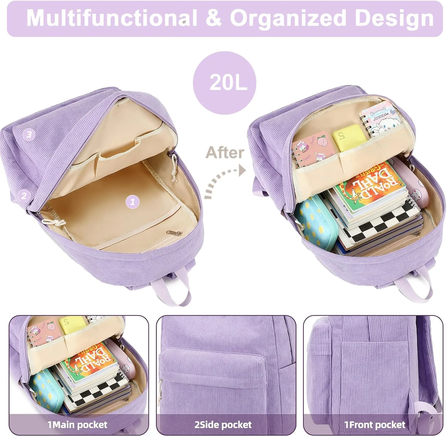 School Backpack for Teens Large Corduroy Bookbag Lightweight Girls Boys Casual High School College 17 inch Laptop Travel Bag