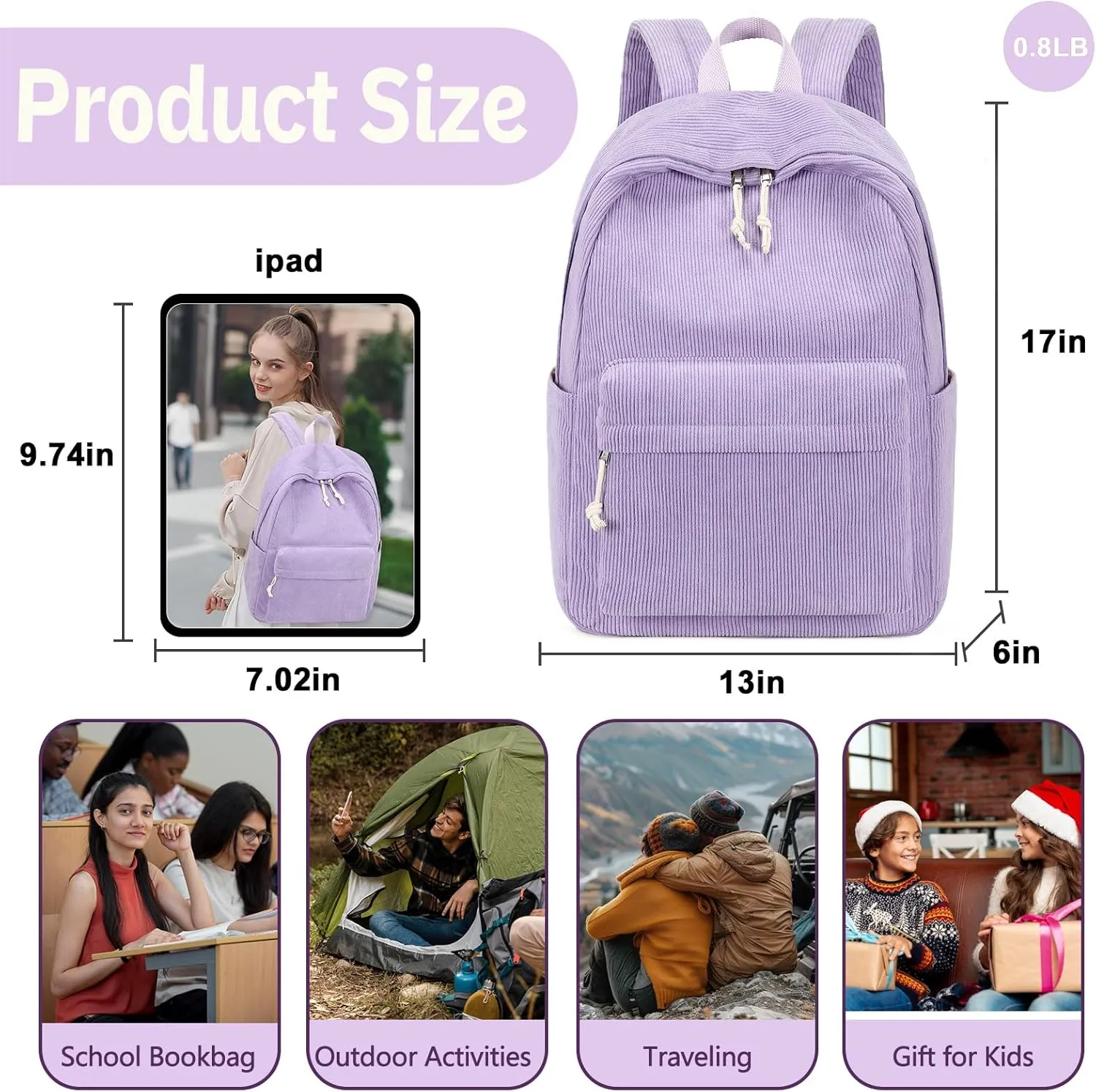 School Backpack for Teens Large Corduroy Bookbag Lightweight Girls Boys Casual High School College 17 inch Laptop Travel Bag