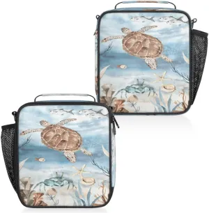 Sea Turtle Algae Fish Starfish Insulated Lunch Bag Reusable Waterproofing Lunch Box with Shoulder Strap Handle and Water Bottle Net Bag for Travel Camping Beach Picnic