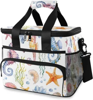 Seahorses Starfish Seashells Cooler Bag Insulated Cooler Soft Sided Cooler 24 Can Portable Picnic Bag Large Leakproof Lunch Bag Box for Beach Grocery Camping Travel Car Men Women