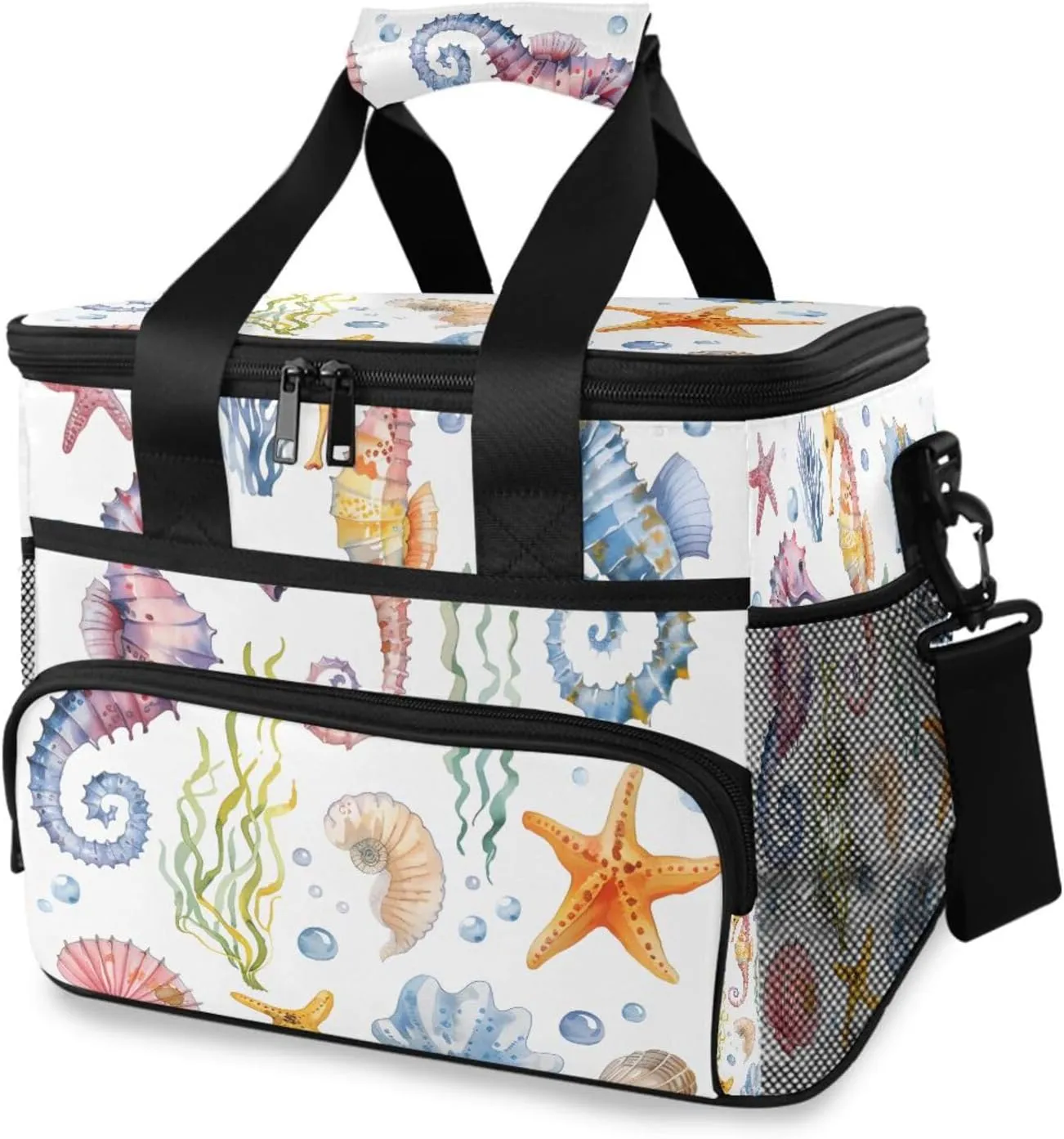Seahorses Starfish Seashells Cooler Bag Insulated Cooler Soft Sided Cooler 24 Can Portable Picnic Bag Large Leakproof Lunch Bag Box for Beach Grocery Camping Travel Car Men Women