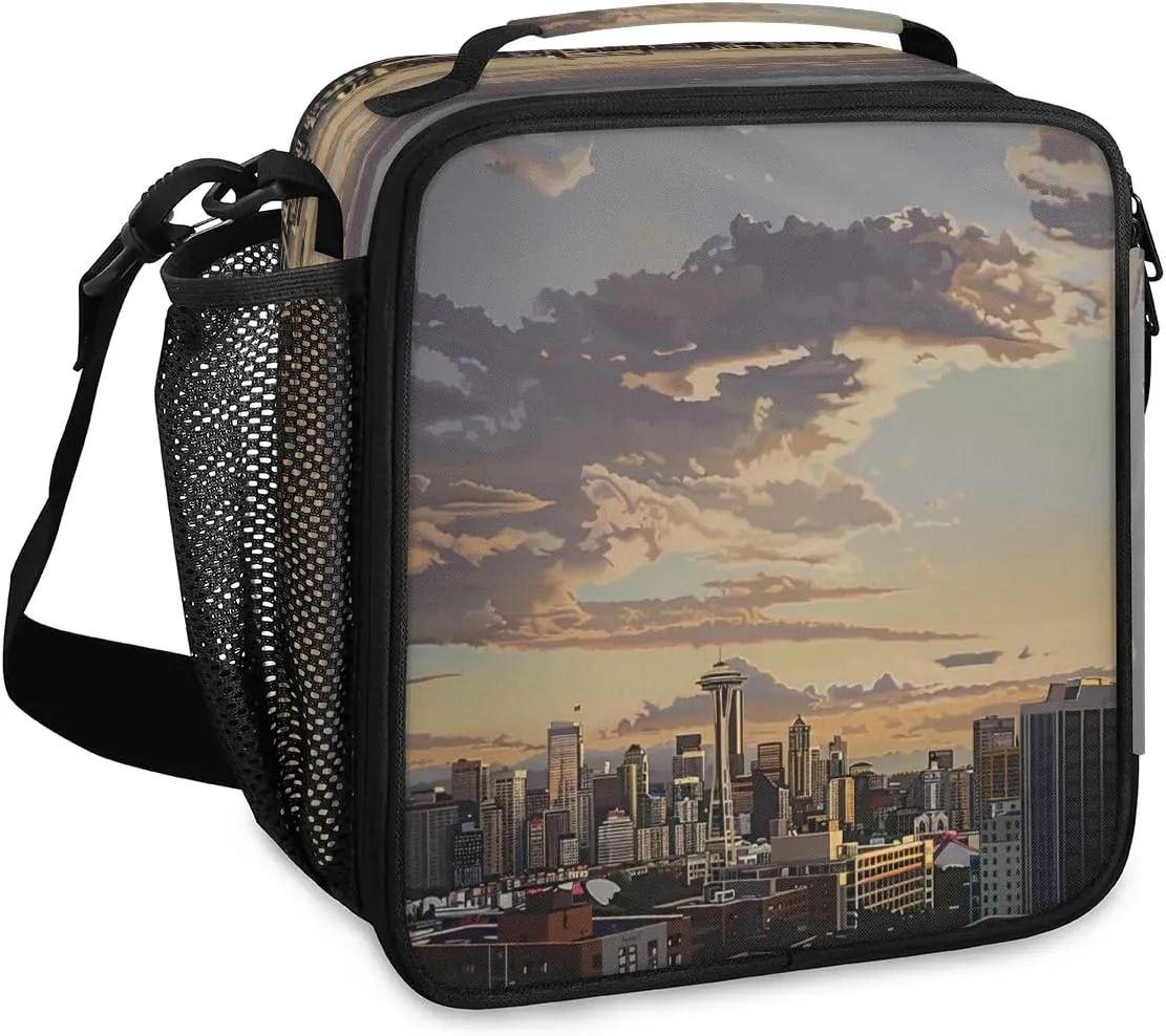 Seattle Skyline Sunset Lunch Box for Women, Reusable Insulated Lunch Bag, Lunchbox for Adult with Shoulder Strap, Lunch Tote Cooler Bags for Work Picnic Camping