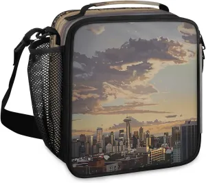Seattle Skyline Sunset Lunch Box for Women, Reusable Insulated Lunch Bag, Lunchbox for Adult with Shoulder Strap, Lunch Tote Cooler Bags for Work Picnic Camping