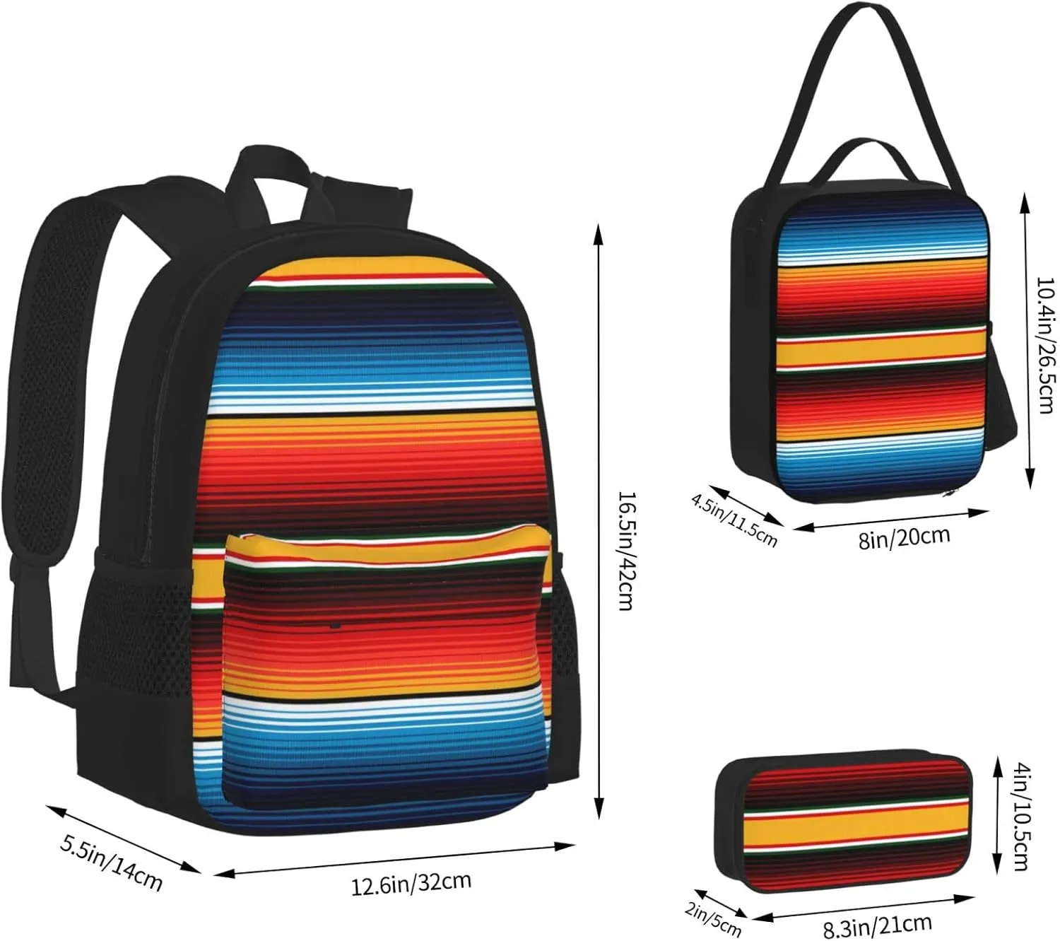 Serape Rainbow Stripes Mexican Pattern Multifunctional Pocket Backpack Crossbody Lunch Bag Pencil Case 3Pcs Set Large Capacity Backpack
