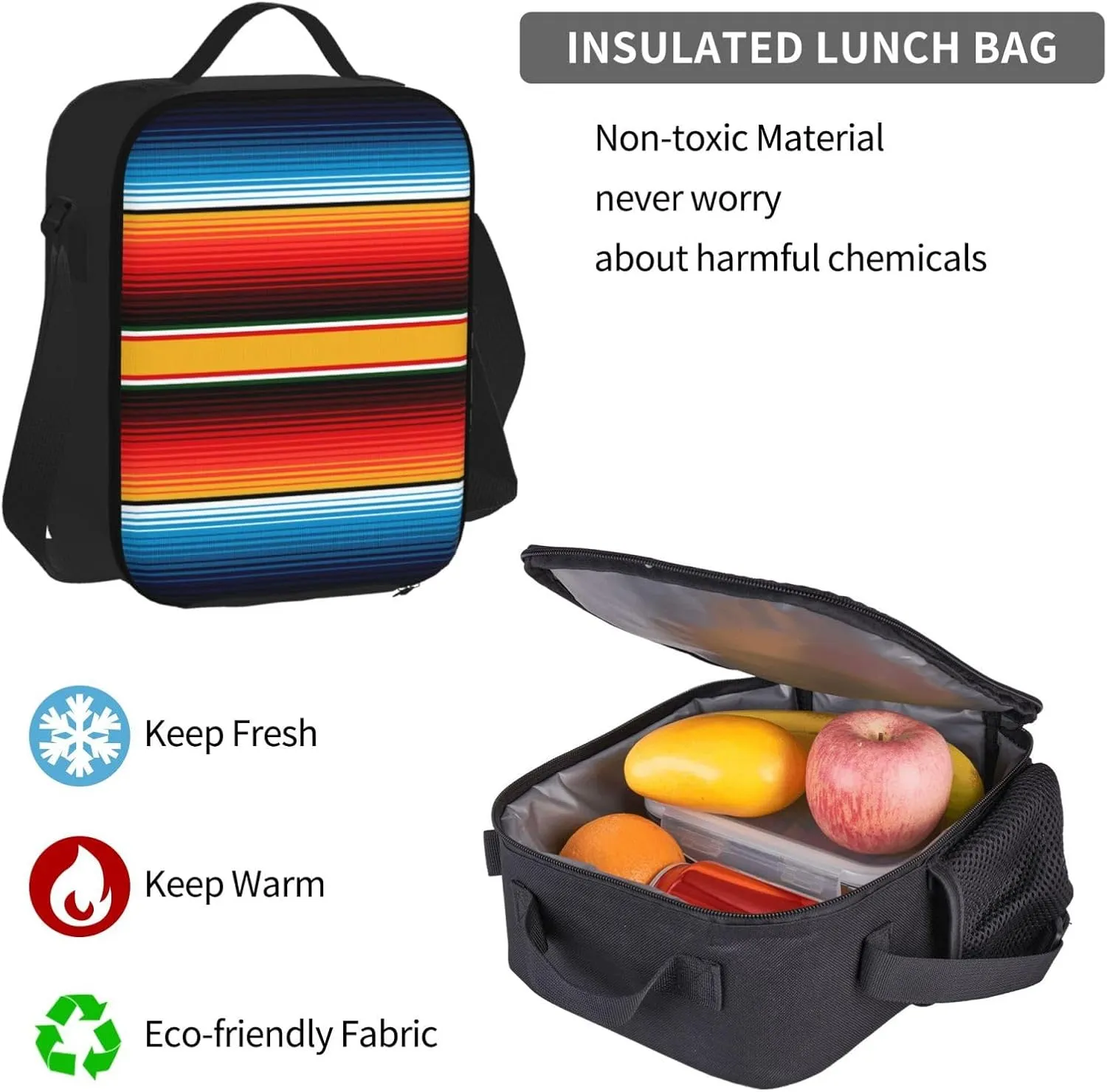 Serape Rainbow Stripes Mexican Pattern Multifunctional Pocket Backpack Crossbody Lunch Bag Pencil Case 3Pcs Set Large Capacity Backpack