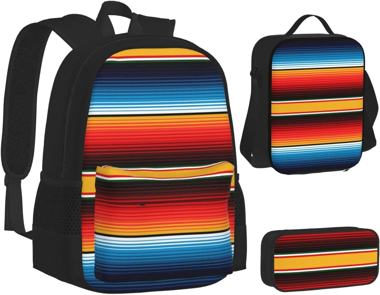 Serape Rainbow Stripes Mexican Pattern Multifunctional Pocket Backpack Crossbody Lunch Bag Pencil Case 3Pcs Set Large Capacity Backpack