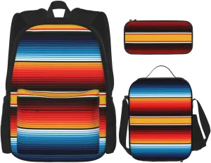 Serape Rainbow Stripes Mexican Pattern Multifunctional Pocket Backpack Crossbody Lunch Bag Pencil Case 3Pcs Set Large Capacity Backpack