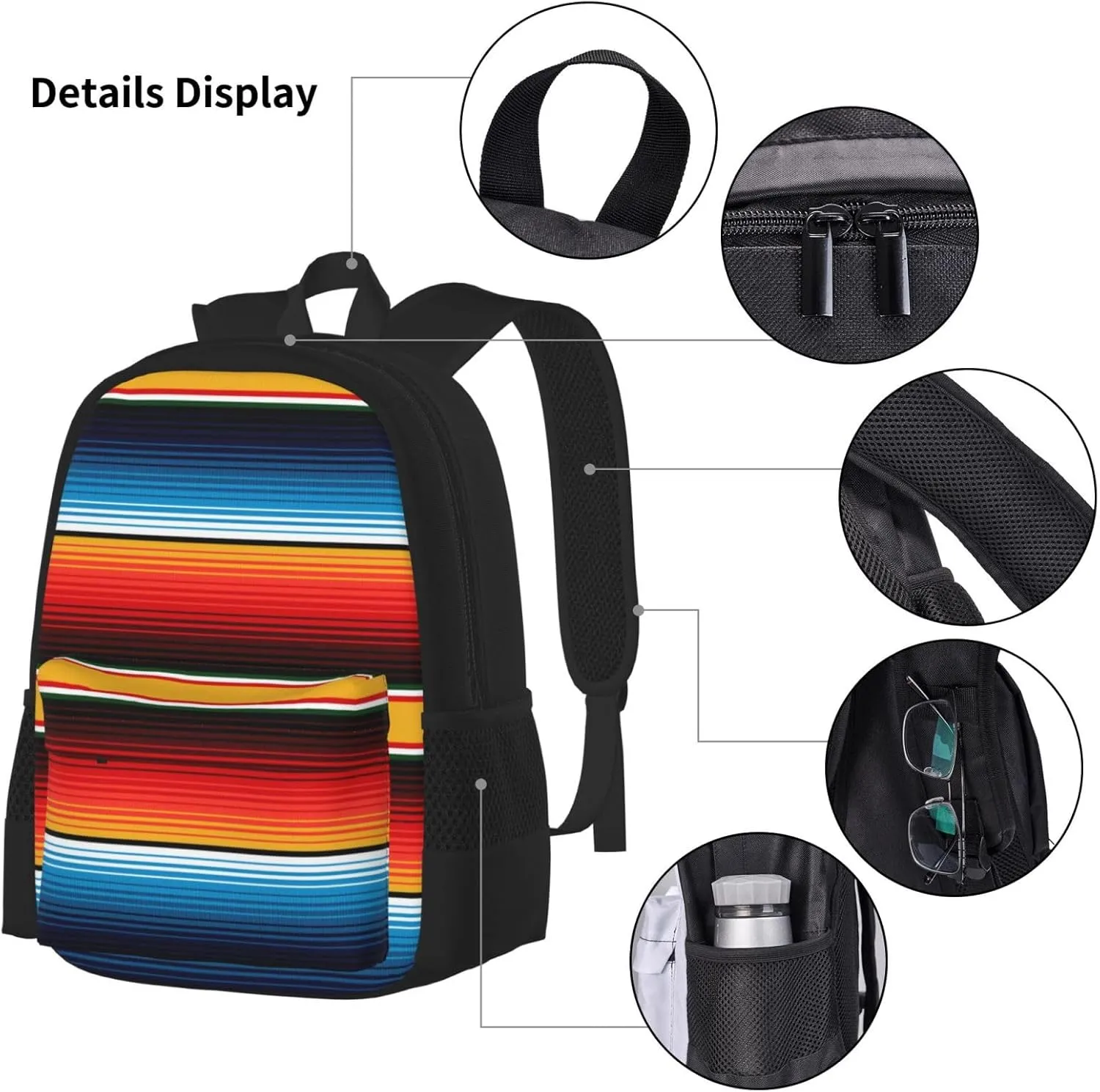 Serape Rainbow Stripes Mexican Pattern Multifunctional Pocket Backpack Crossbody Lunch Bag Pencil Case 3Pcs Set Large Capacity Backpack