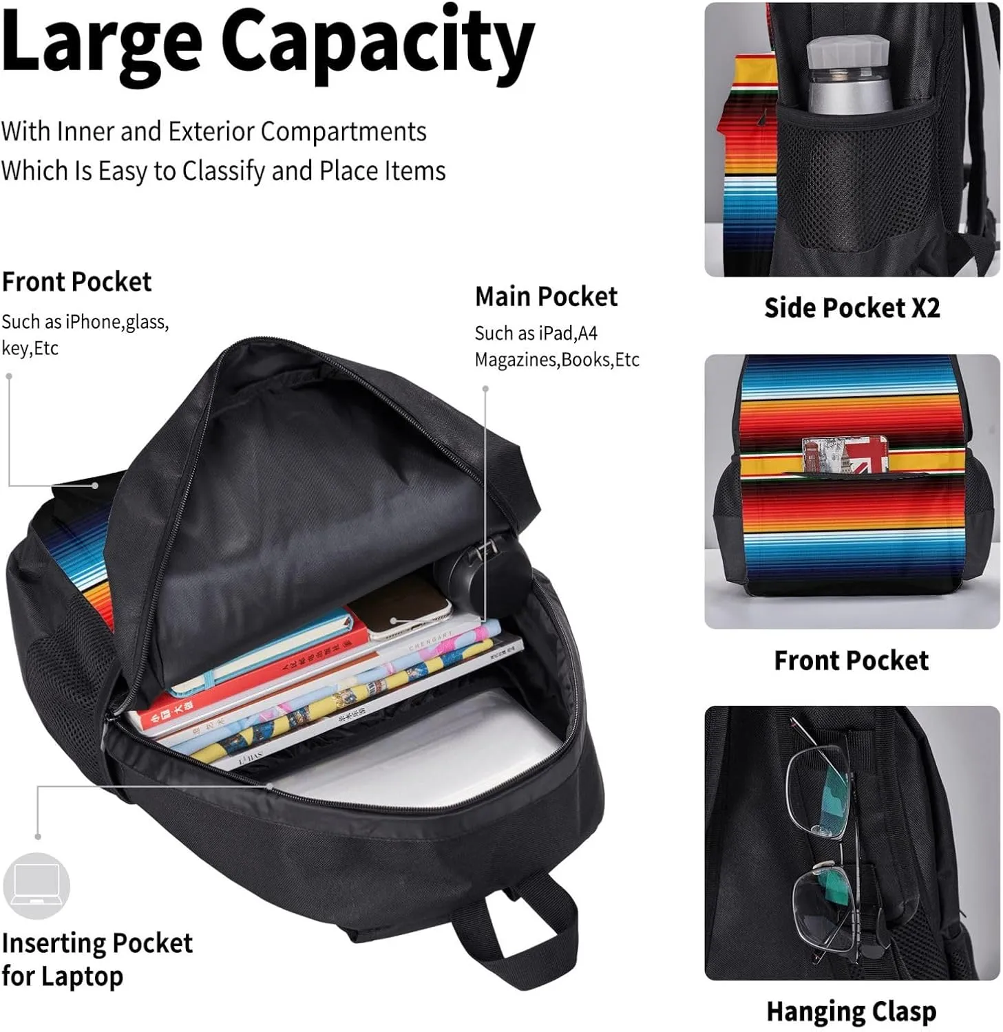 Serape Rainbow Stripes Mexican Pattern Multifunctional Pocket Backpack Crossbody Lunch Bag Pencil Case 3Pcs Set Large Capacity Backpack