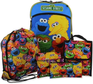 Sesame Street Boys Girls 5 piece Backpack Lunch Bag and Snack Bag School Set (One Size, Blue/Multi)