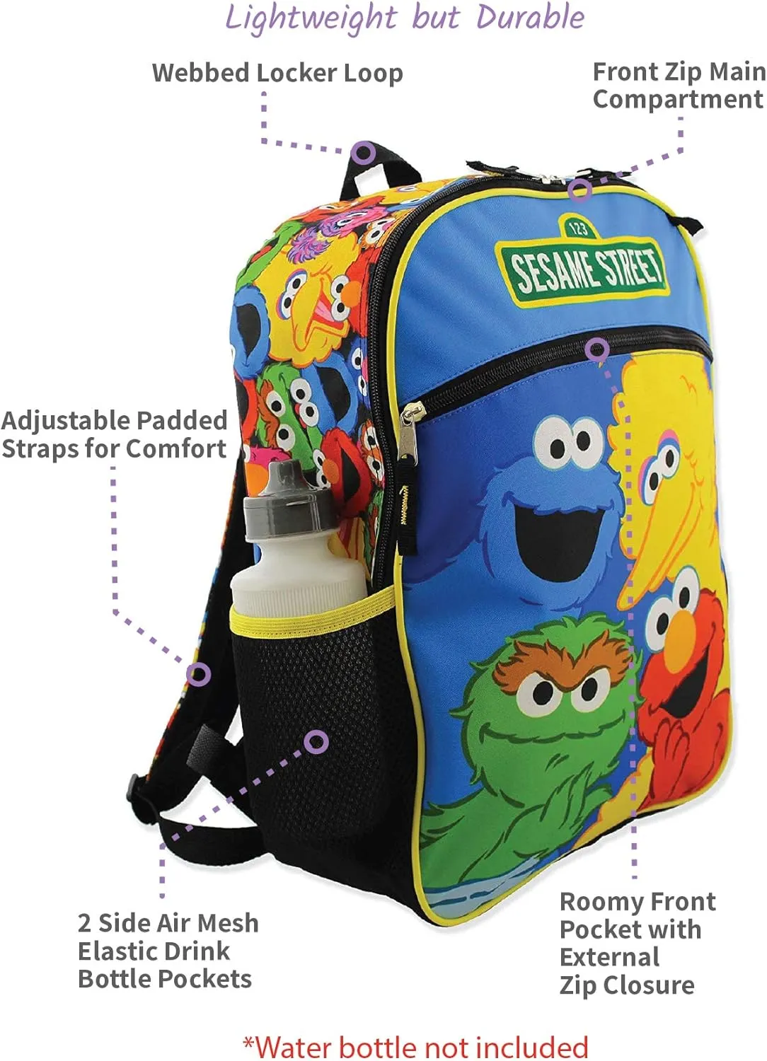 Sesame Street Boys Girls 5 piece Backpack Lunch Bag and Snack Bag School Set (One Size, Blue/Multi)