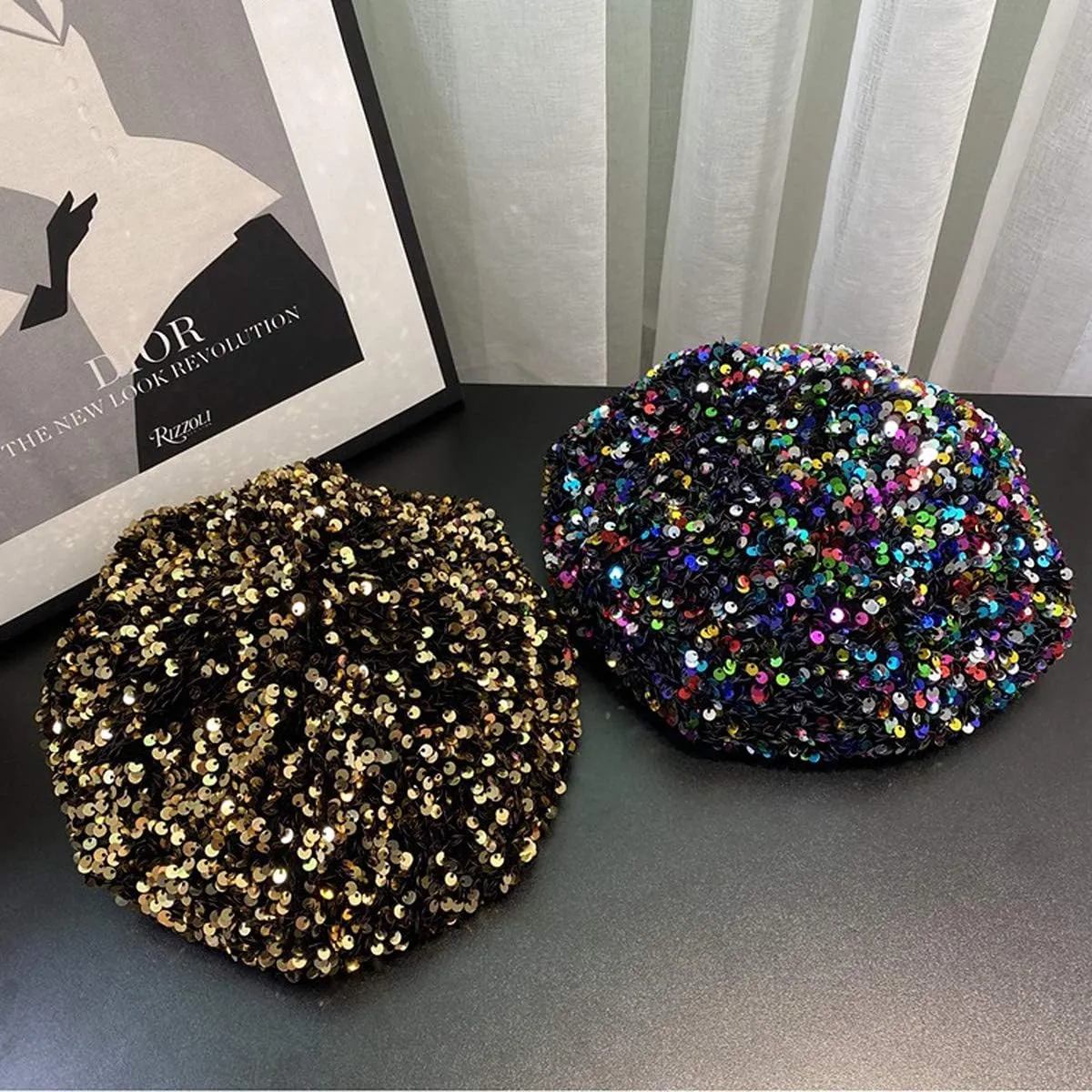 seven wolves Women's Fashion Fun Sparkle Sequins Shimmer Stretch Beret Beanie Hat