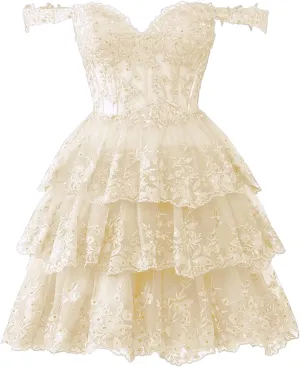 Sevintage Off Shoulder Lace Sparkly Tulle Homecoming Dress Short 2025 Corset Tiered Formal Party Gown