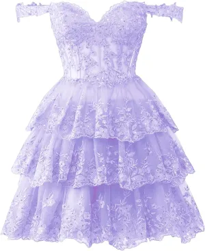 Sevintage Off Shoulder Lace Sparkly Tulle Homecoming Dress Short 2025 Corset Tiered Formal Party Gown