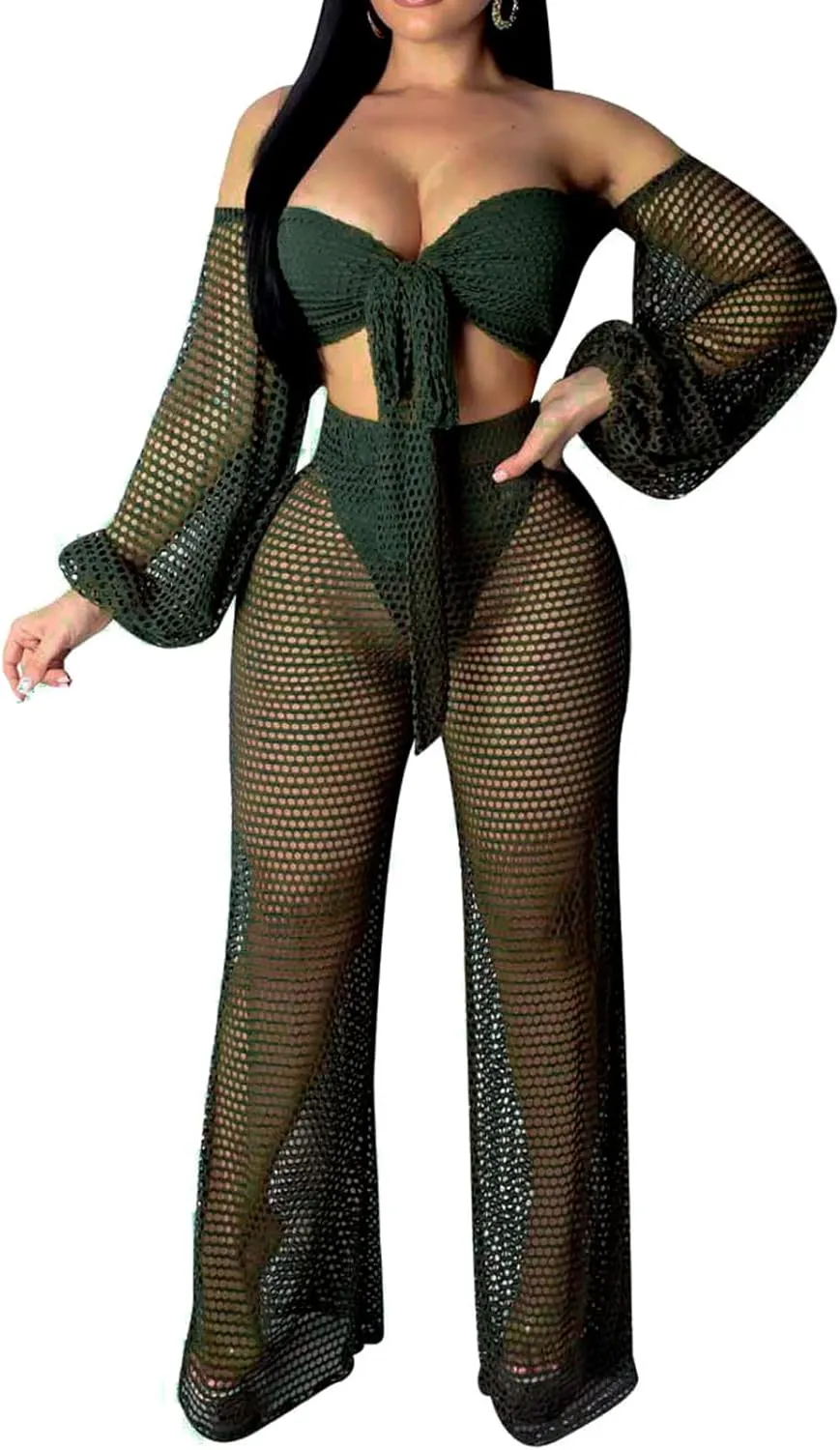 Sexy Cover Ups for Swimwear Vacation Off The Shoulder Top Long Pants Bikini Cover Ups Swimwear Beach