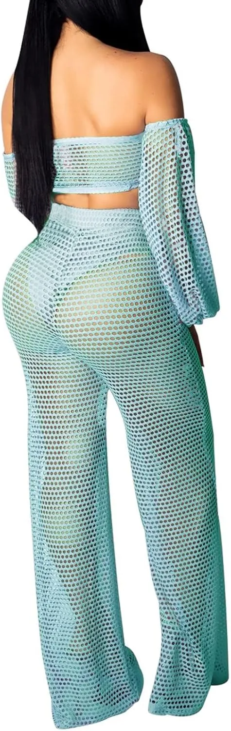 Sexy Cover Ups for Swimwear Vacation Off The Shoulder Top Long Pants Bikini Cover Ups Swimwear Beach