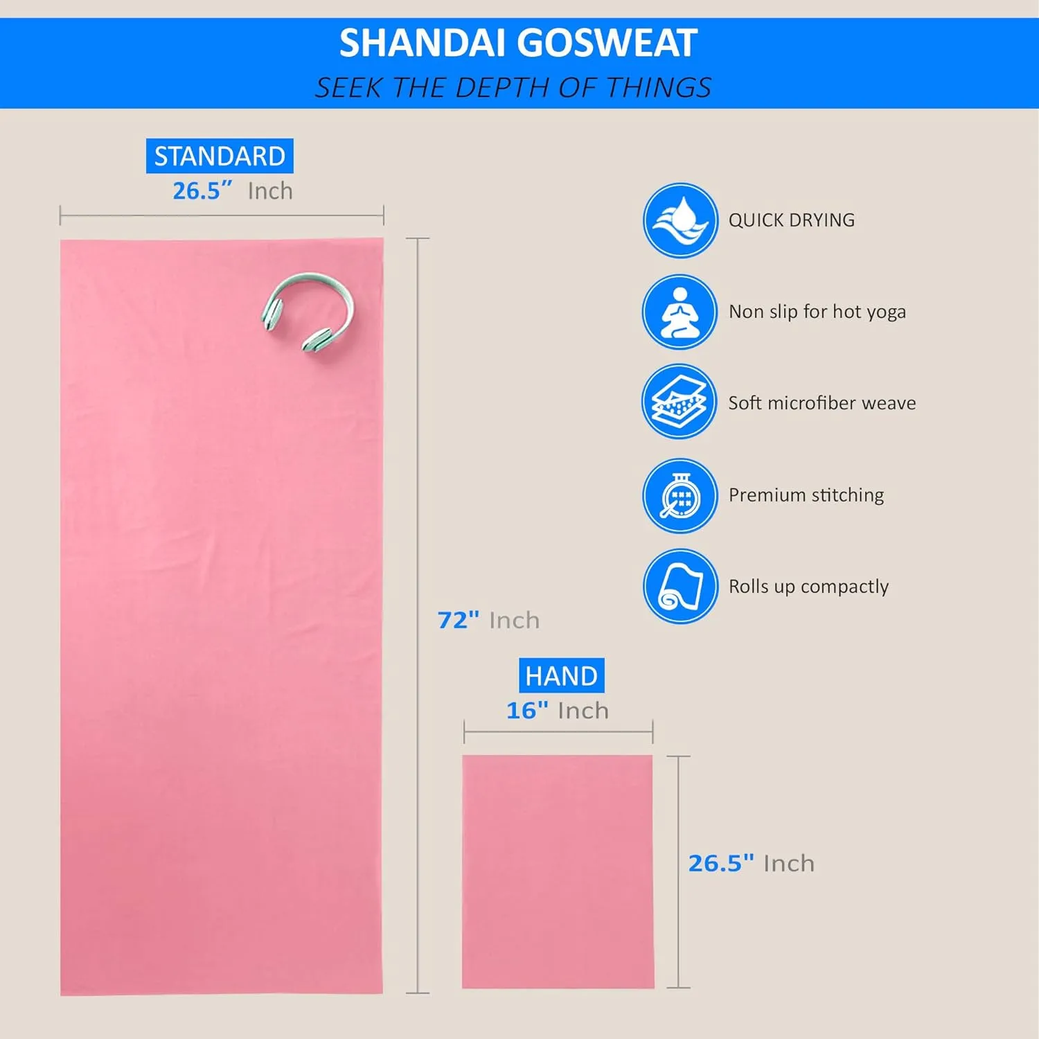 Shandali GoSweat Non-Slip Hot Yoga Towel with Super-Absorbent Soft Suede Microfiber in Many Colors, for Bikram Pilates and Yoga Mats.