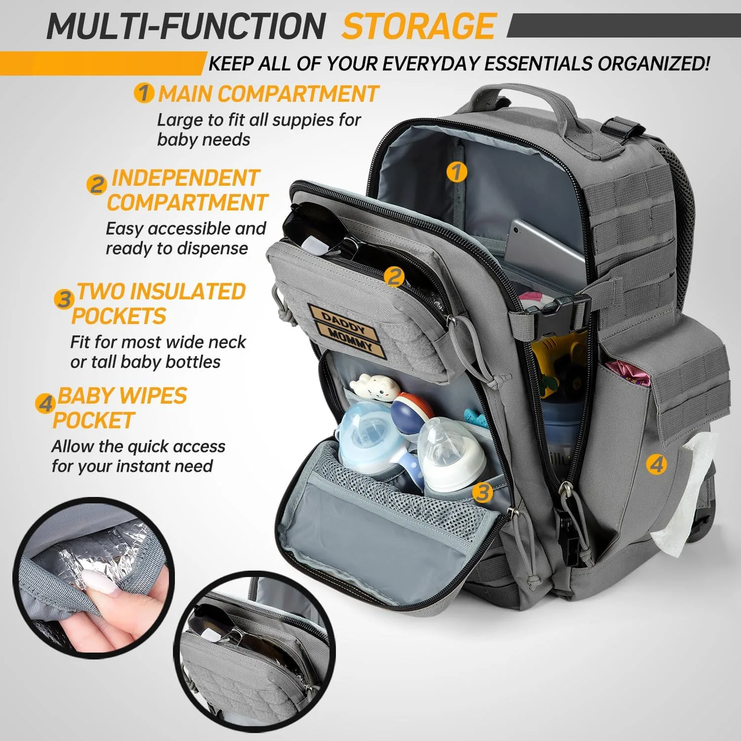 SHARKMOUTH Baby Diaper Bag for Dad - Large Military Daddy Gear Backpack with Changing Pad for Travel Camping Hiking - Newborn Baby Shower Gifts Gray