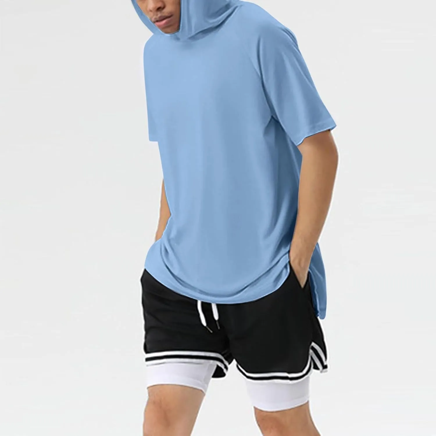 Short Sleeve Hoodies for Men Loose Fit Workout Quick Dry Moisture Wicking Mesh Athletic Lightweight Hooded T-Shirt Plain