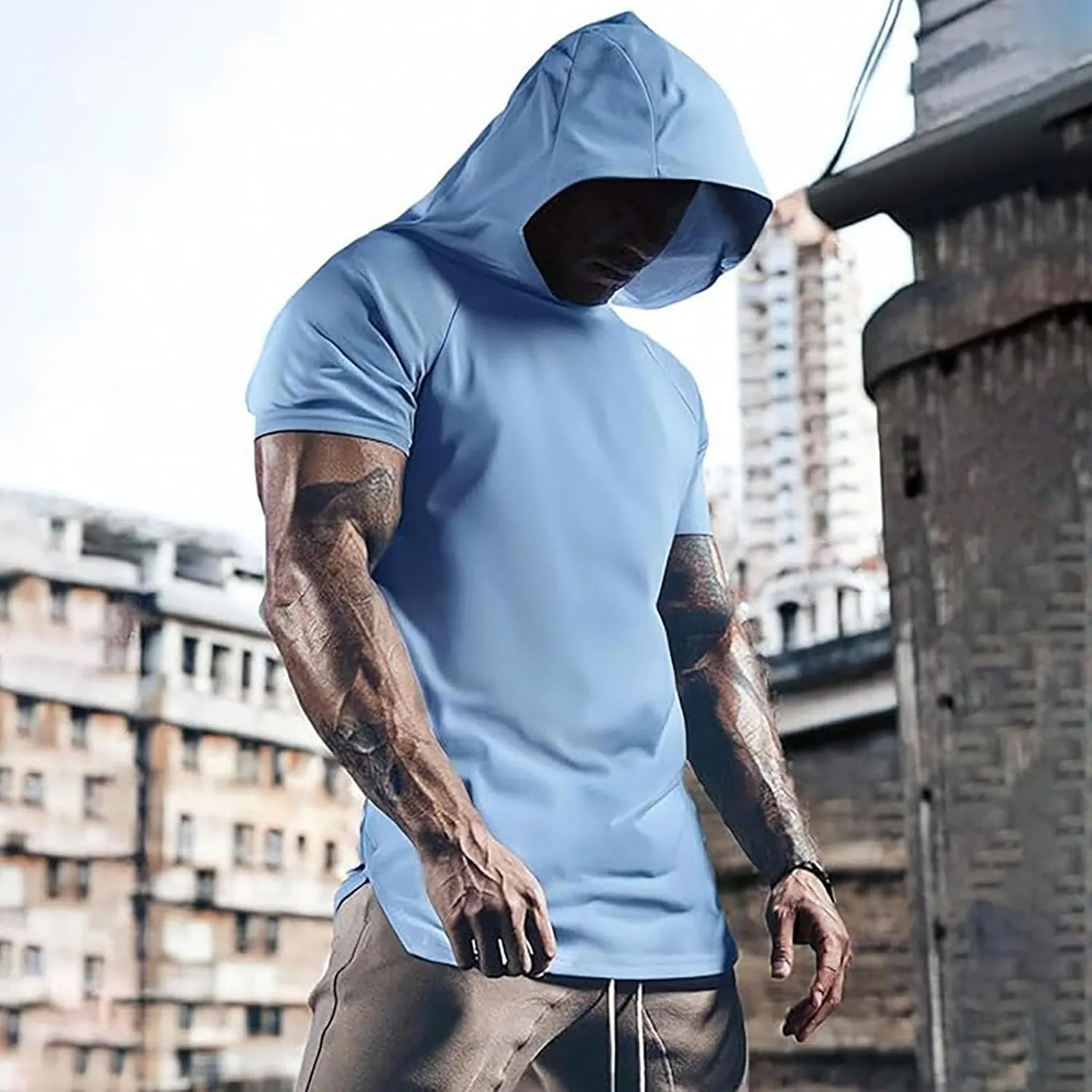 Short Sleeve Hoodies for Men Loose Fit Workout Quick Dry Moisture Wicking Mesh Athletic Lightweight Hooded T-Shirt Plain