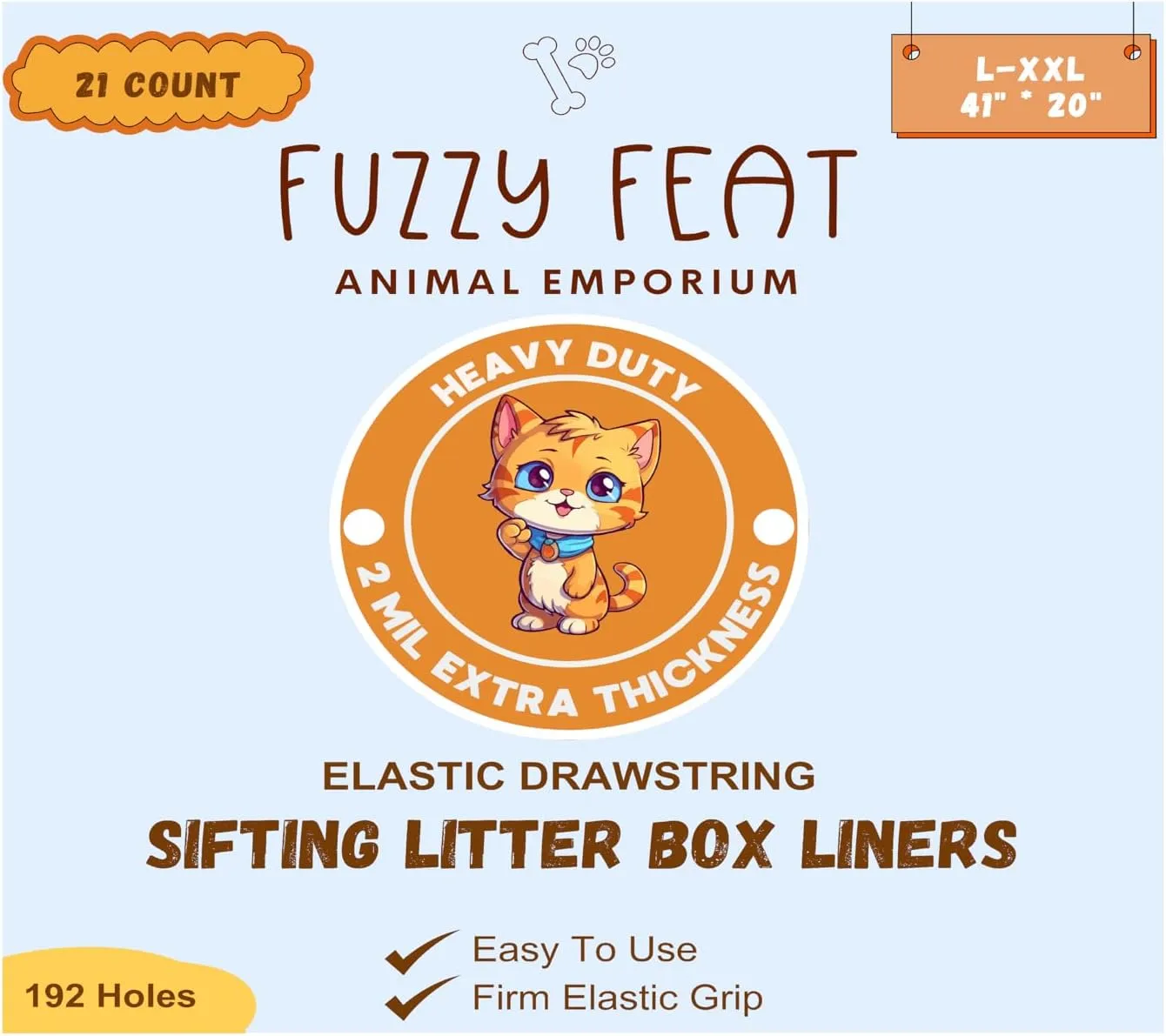 Sifting Cat Litter Box Liners with elastic drawstring. Tear-resistant, waterproof cat litter bags, fits Large, XL, XXL, Giant size litter boxes (40" × 21", 2 Mil Extra thick)