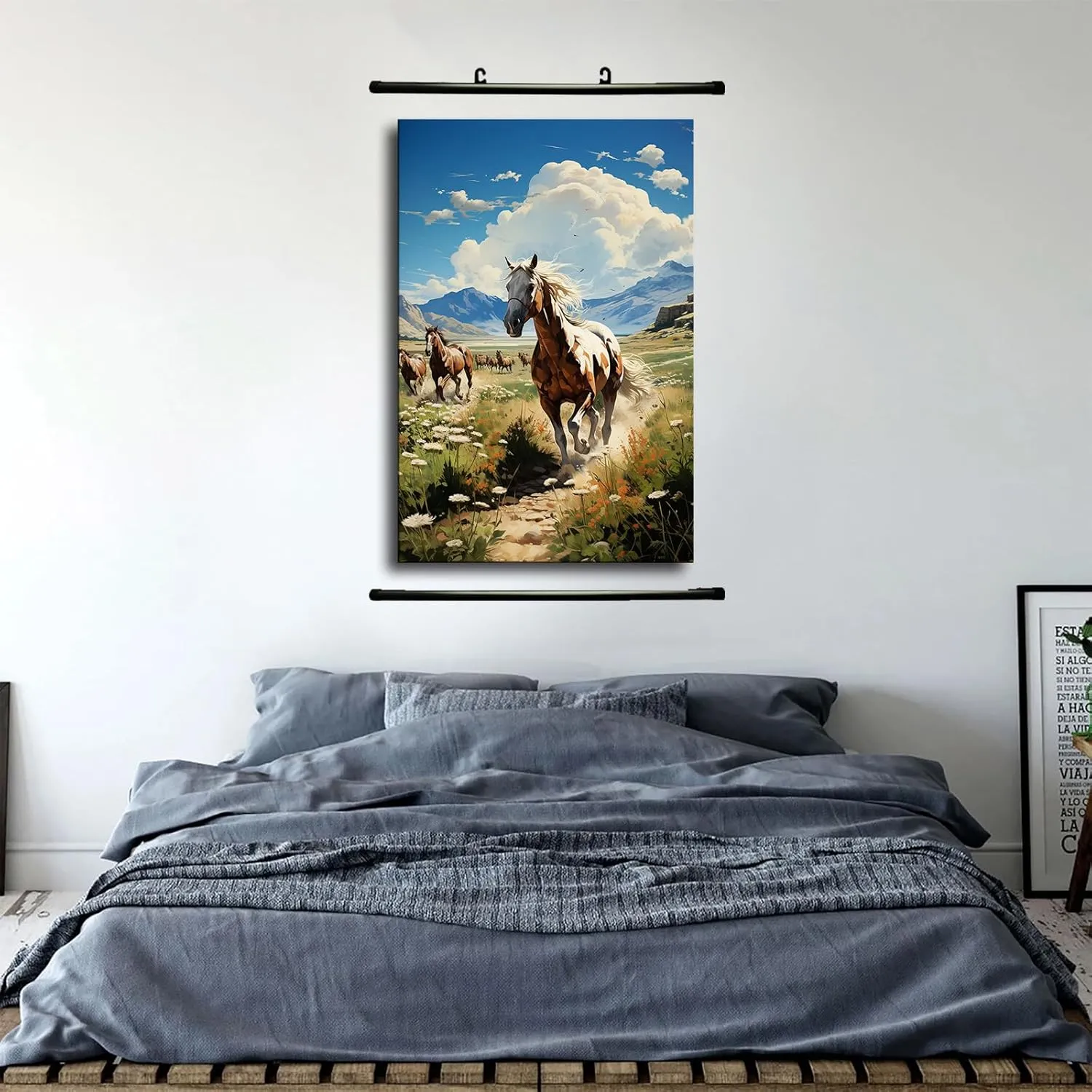 Silk Road Qilian Mountains Grassland Running Horses Poster Canvas Wall Art Home Wall Decor Bedroom Aesthetic Art Prints Posters Decorations Gift (Framed,24x36inch)